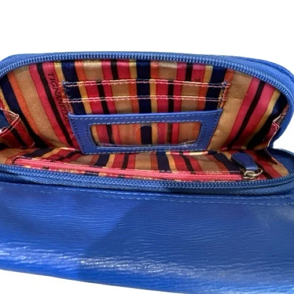 Tignanello Leather Crossbody Bag Blue Adjustable Strap Colorful Striped Lining - Picture 9 of 15